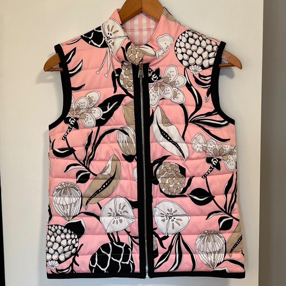 Carlisle Pink Black Khaki Floral Gingham Quilted Zip Up Vest